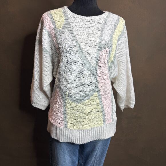 Vintage 80’s Pastel Boxy Geometric Knit Sweater Italy made women’s Medium - Picture 1 of 15